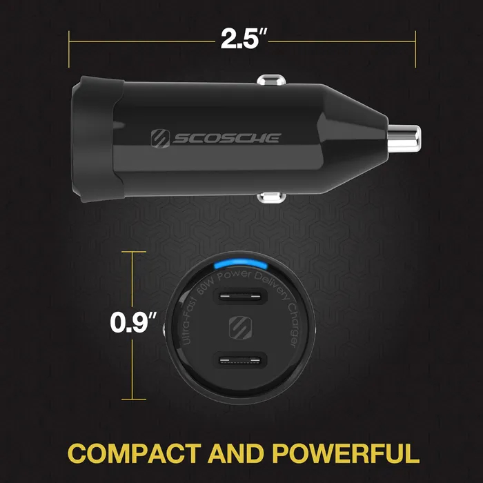 Scosche Powervolt 60W Certified Dual USB Type-C + Type-C Fast Car Charger Power Delivery 3.0 With Pps For All Smartphones Usb-C Devices - Black