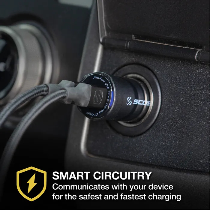 Scosche Powervolt 60W Certified Dual USB Type-C + Type-C Fast Car Charger Power Delivery 3.0 With Pps For All Smartphones Usb-C Devices - Black
