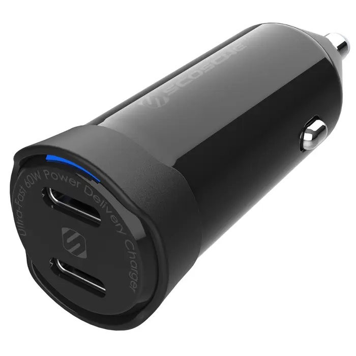 Scosche Powervolt 60W Certified Dual USB Type-C + Type-C Fast Car Charger Power Delivery 3.0 With Pps For All Smartphones Usb-C Devices - Black