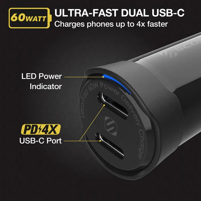 Scosche Powervolt 60W Certified Dual USB Type-C + Type-C Fast Car Charger Power Delivery 3.0 With Pps For All Smartphones Usb-C Devices - Black