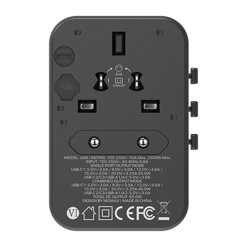 Momax 1-World 65W GaN Convenient Travel Socket UA8 - Black