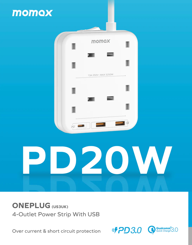 Momax ONEPLUG PD20W 2A1C 4-Position Extension Board US3 - White