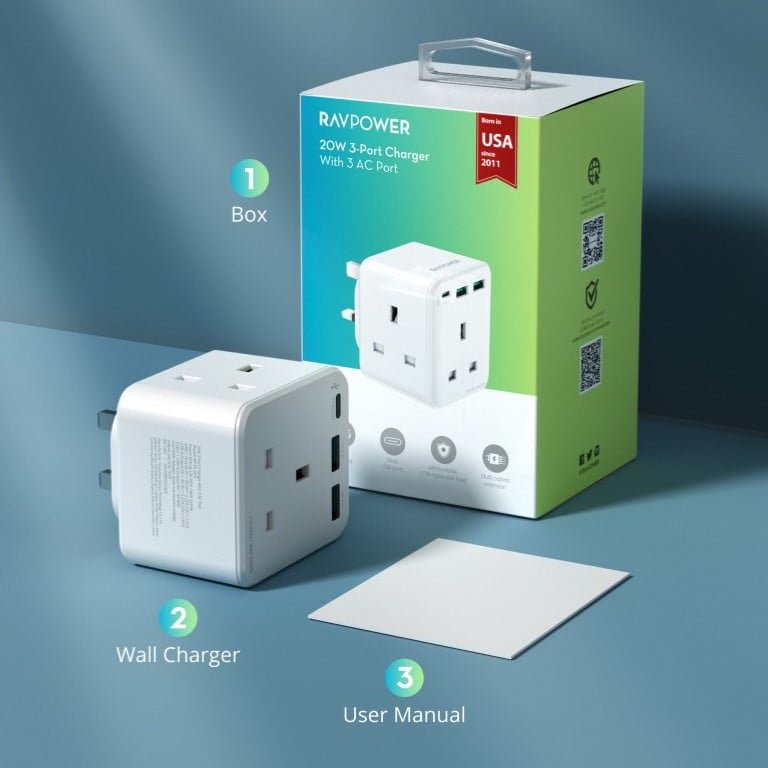 RAVPower Pioneer Wall Charger 3-port Charger With 3 AC Port - White