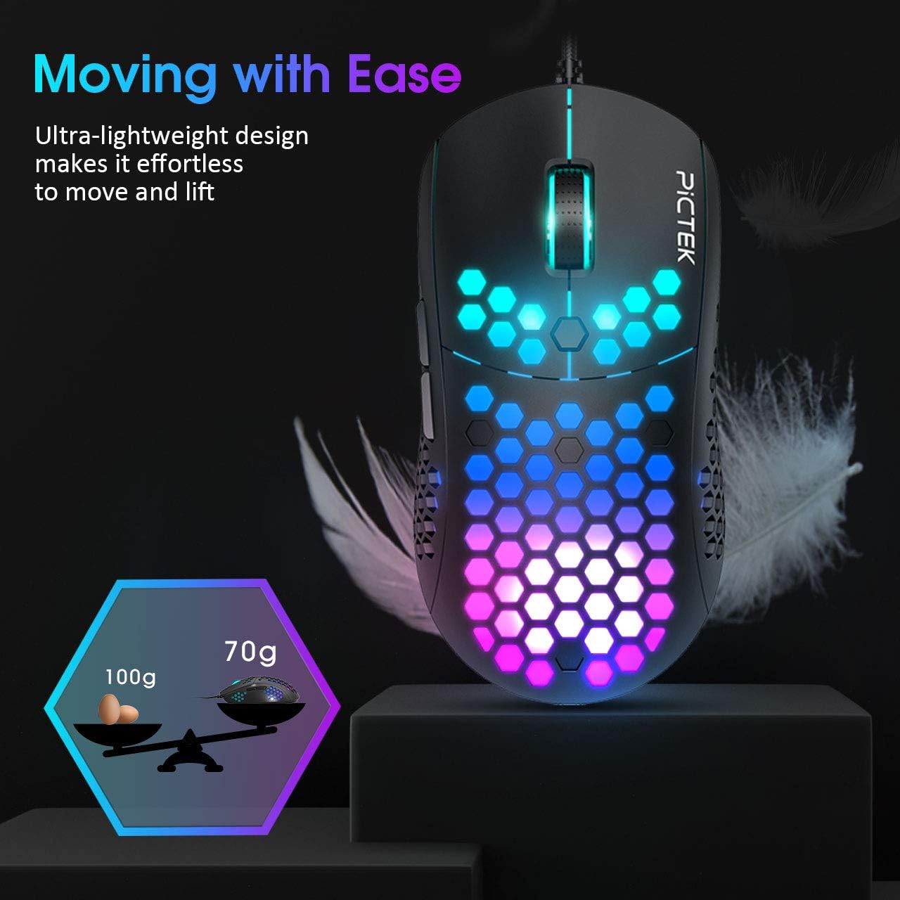 Pictek RGB Gaming Mouse Cable, Ultralight Cellular Gaming Mouse - Black