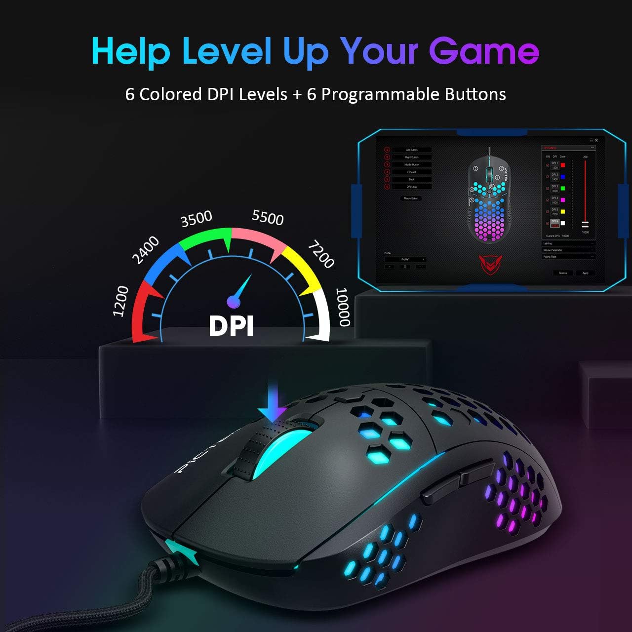 Pictek RGB Gaming Mouse Cable, Ultralight Cellular Gaming Mouse - Black