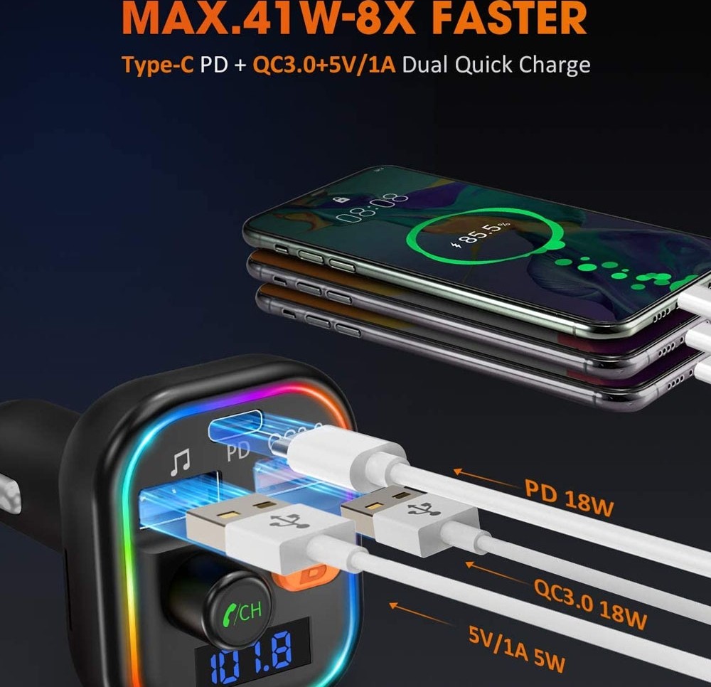 Victsing Wireless FM Transmitter QC/PD Fast Charging – Hands Free Call – Support Siri - Black