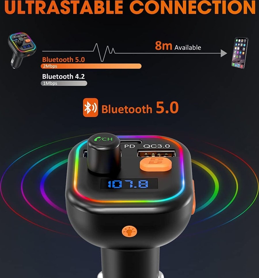 Victsing Wireless FM Transmitter QC/PD Fast Charging – Hands Free Call – Support Siri - Black