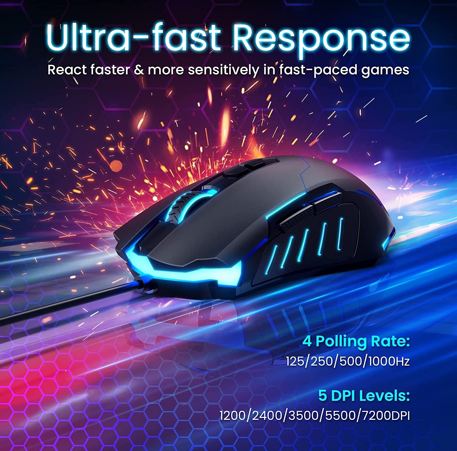 Pictek Gaming Mouse Wired Ergonomic Game RGB Gamer Desktop Laptop Pc Gaming Mouse - Black