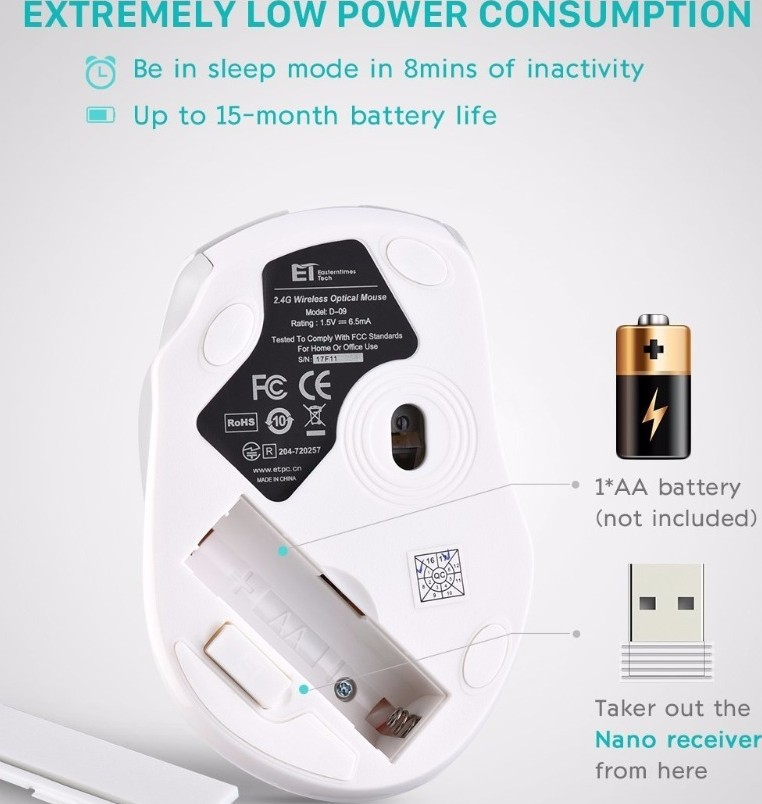 Wireless Mouse 2.4G Ergonomic, USB Receiver Portable Mouse - White