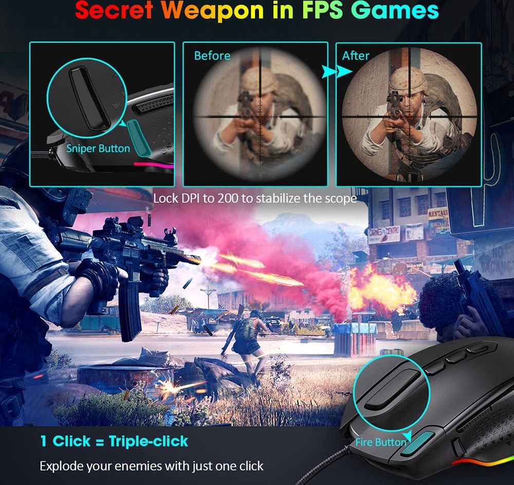Generic Wired Gaming Mouse with RGB Lights Advanced Gaming Sensor Designed for PC - Black