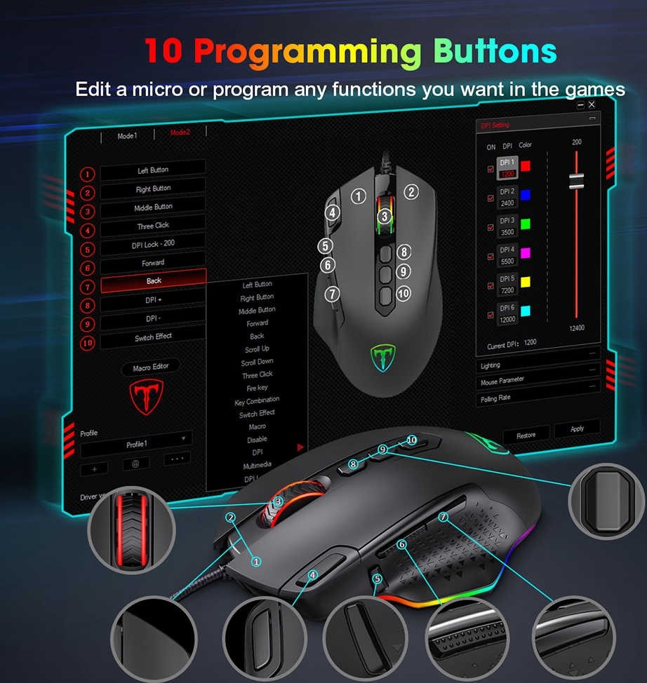 Generic Wired Gaming Mouse with RGB Lights Advanced Gaming Sensor Designed for PC - Black