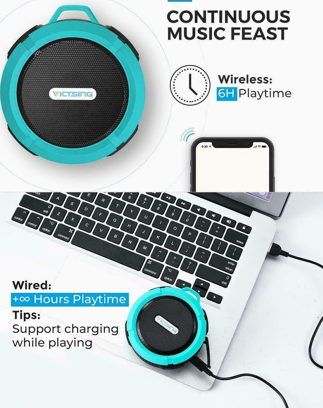 Victsing Portable Bluetooth Speaker Loud HD Sound, Bluetooth 4.2 Speaker with 6H Playtime, Travel - Blue/Black