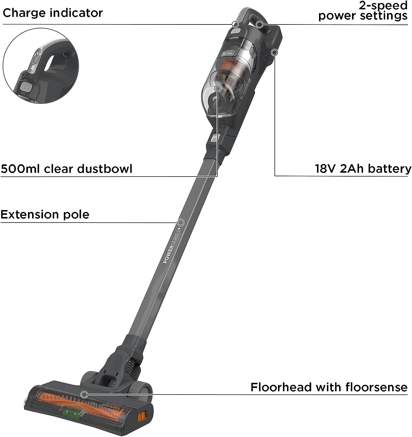 Black & Decker Power Series + Cordless Stick Vacuum Cleaner - Grey