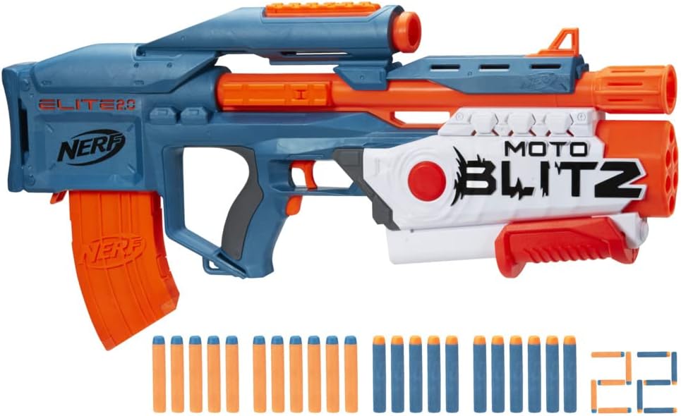 Nerf Elite 2.0 Motoblitz Blaster, 2 Blast Modes, Motorized 10-dart Blasting & Airblitz 6 Darts at Once, 10 Dart Clip, 22 Elite Darts