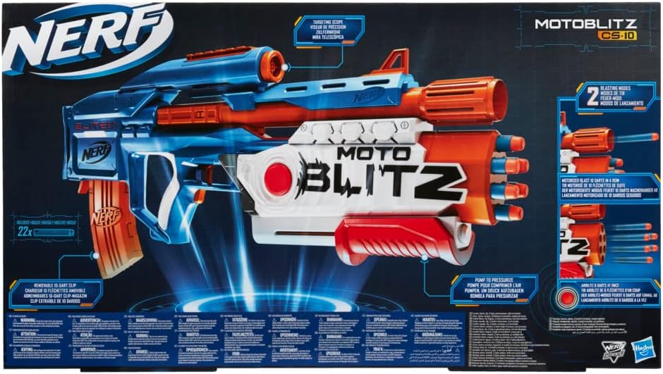 Nerf Elite 2.0 Motoblitz Blaster, 2 Blast Modes, Motorized 10-dart Blasting & Airblitz 6 Darts at Once, 10 Dart Clip, 22 Elite Darts