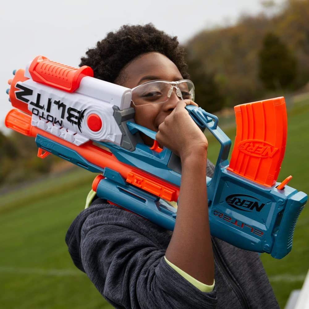 Nerf Elite 2.0 Motoblitz Blaster, 2 Blast Modes, Motorized 10-dart Blasting & Airblitz 6 Darts at Once, 10 Dart Clip, 22 Elite Darts