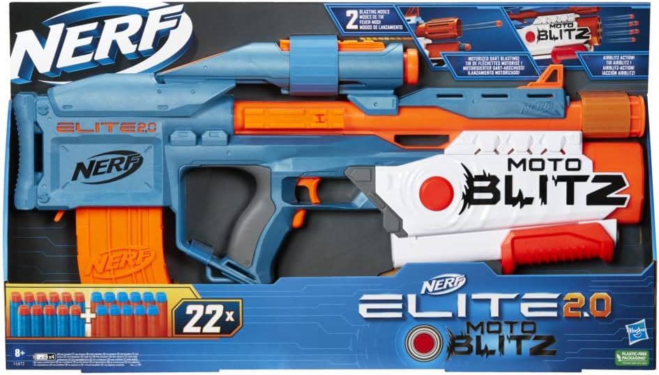 Nerf Elite 2.0 Motoblitz Blaster, 2 Blast Modes, Motorized 10-dart Blasting & Airblitz 6 Darts at Once, 10 Dart Clip, 22 Elite Darts