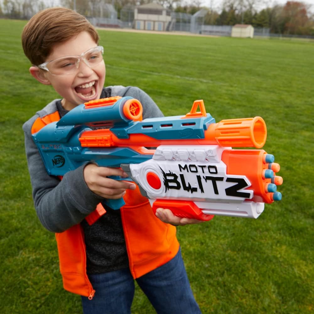 Nerf Elite 2.0 Motoblitz Blaster, 2 Blast Modes, Motorized 10-dart Blasting & Airblitz 6 Darts at Once, 10 Dart Clip, 22 Elite Darts