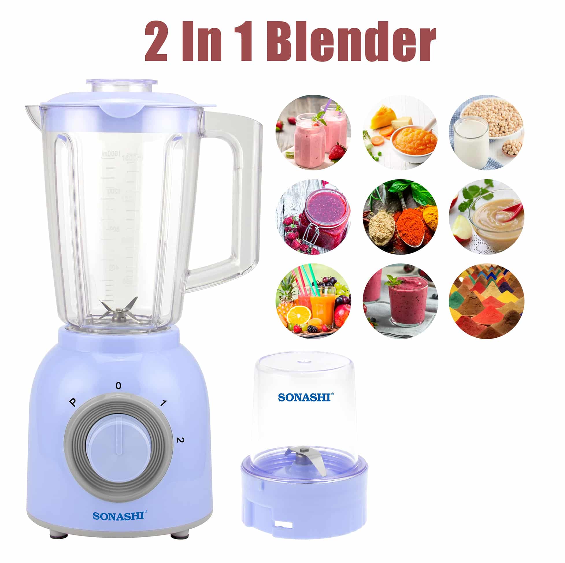 Sonashi 2 in 1 Powerful Blender SB-161N - Light Blue & Transparent