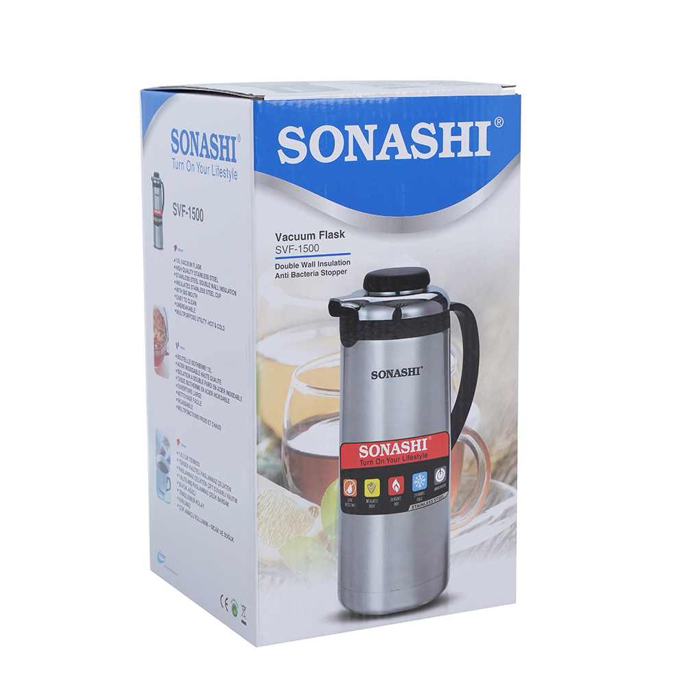 Sonashi Stainless Steel Hot And Cold Vacuum Flask SVF-1500 Silver/Black 1.5Liters