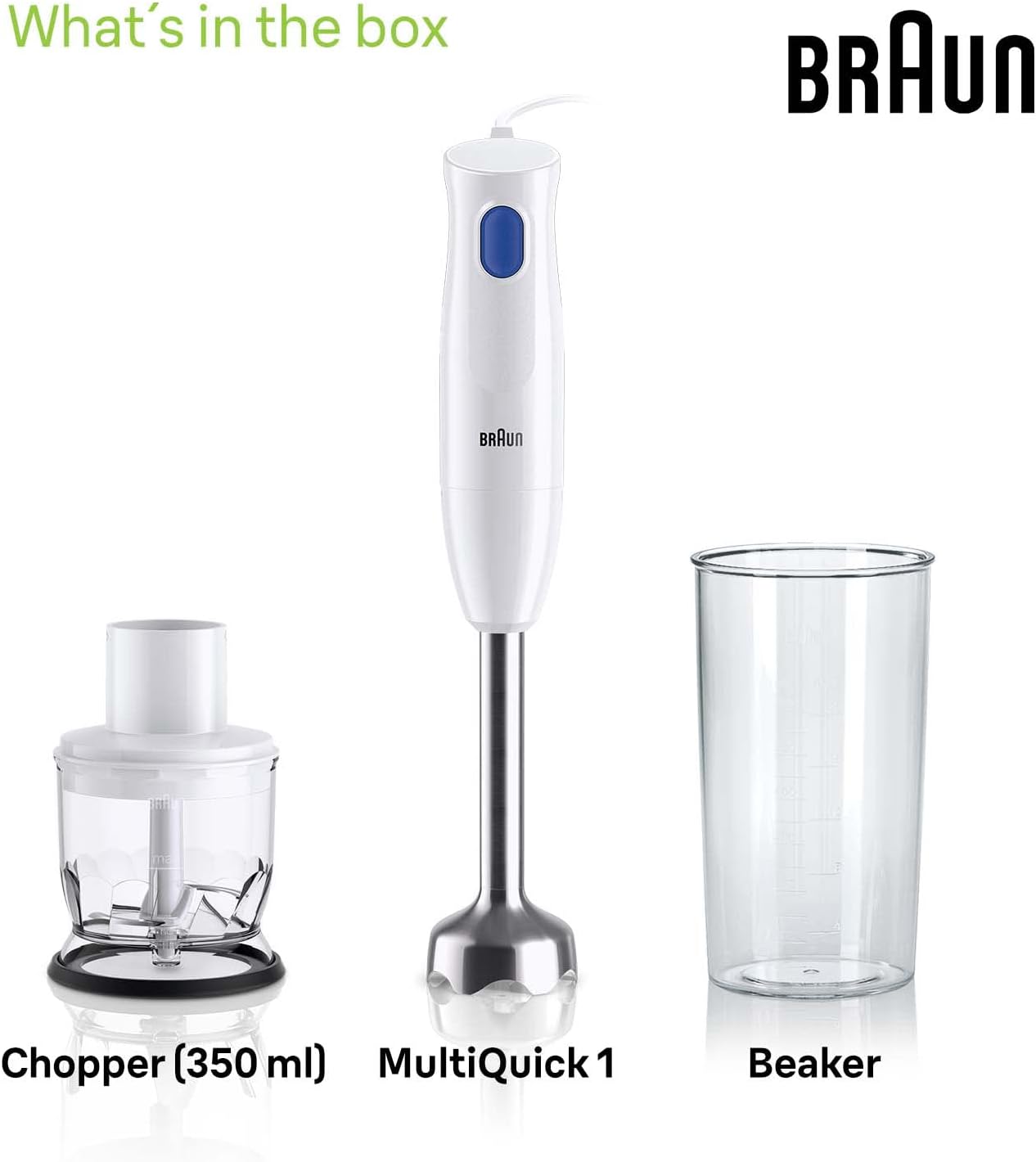 Braun Multiquick 1 Hand Mixer, Lightweight Mixer With EasyTwist Technology, One Speed, 350ml Chopper and 600ml Beaker Included, 450w - White