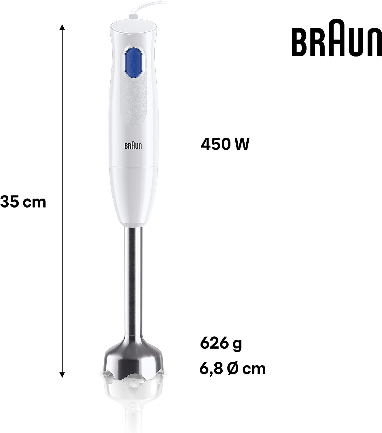 Braun Multiquick 1 Hand Mixer, Lightweight Mixer With EasyTwist Technology, One Speed, 350ml Chopper and 600ml Beaker Included, 450w - White