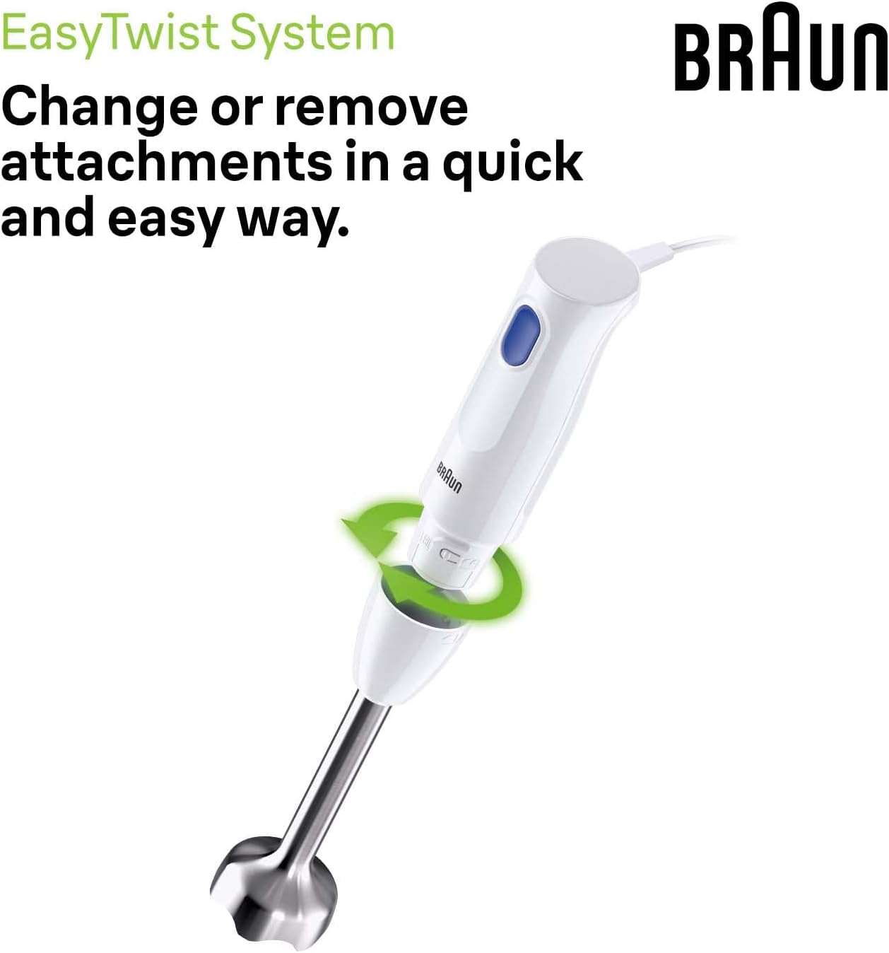Braun Multiquick 1 Hand Mixer, Lightweight Mixer With EasyTwist Technology, One Speed, 350ml Chopper and 600ml Beaker Included, 450w - White