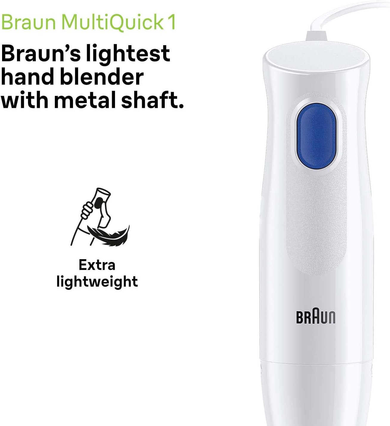 Braun Multiquick 1 Hand Mixer, Lightweight Mixer With EasyTwist Technology, One Speed, 350ml Chopper and 600ml Beaker Included, 450w - White