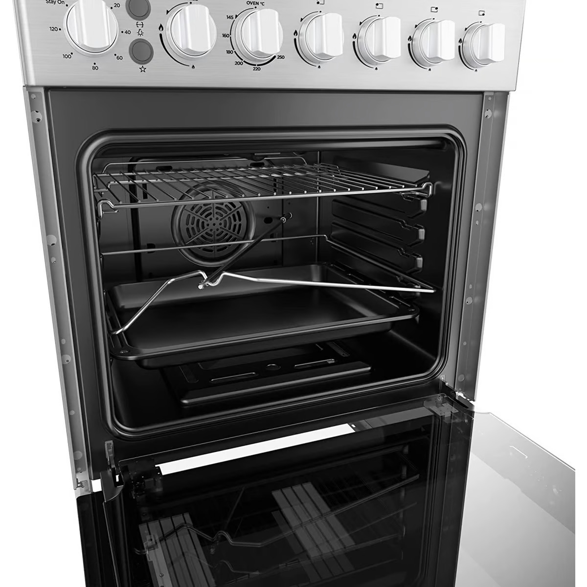 Midea Freestanding Cooker With Convection Fan Gas 4 Burners Automatic Ignition & Full Safety Cast Iron Pan Support Double Knob For Grill & Oven Control - Silver