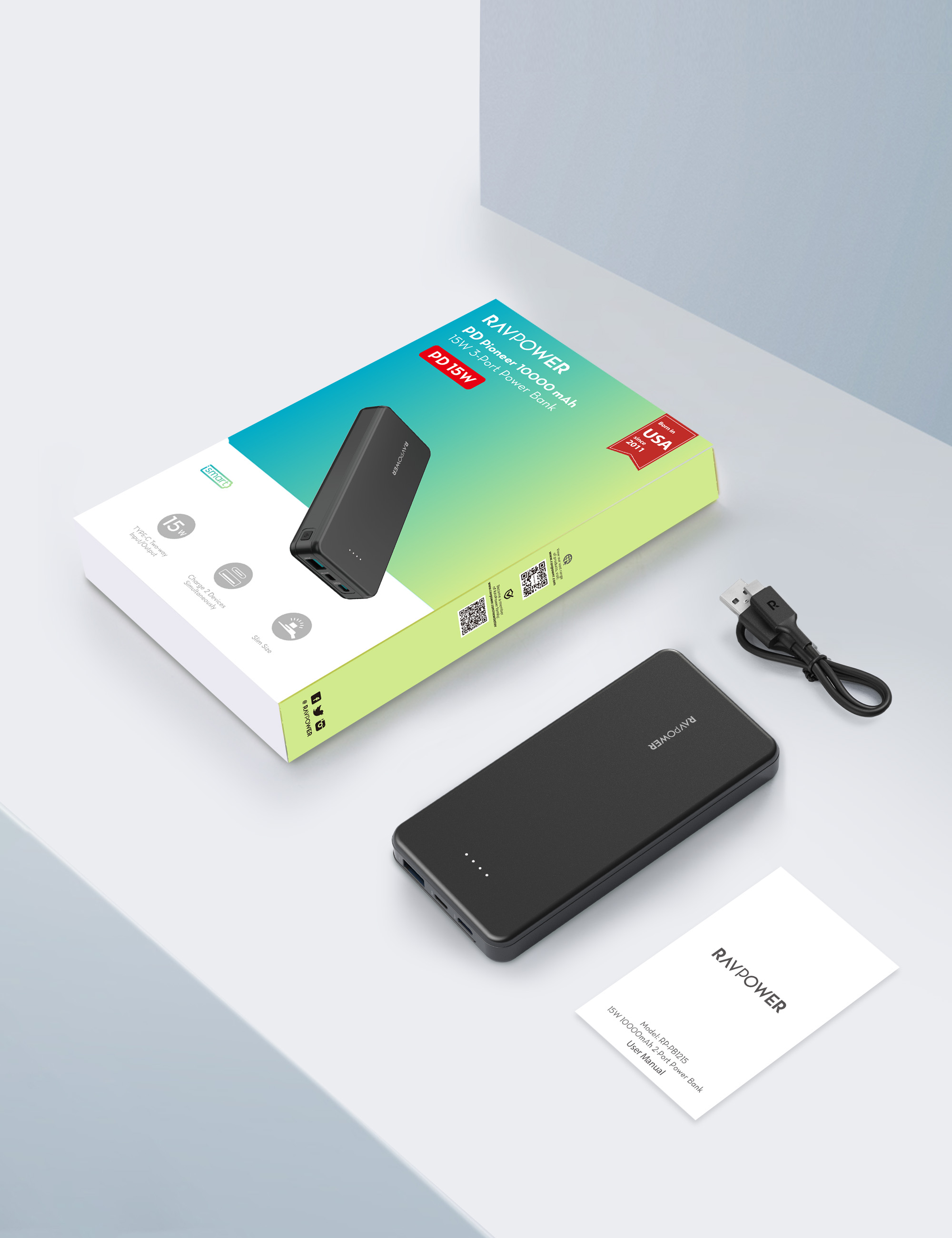 Ravpower Power Bank With Type-C Port, Micro Port And USB Port, 15W Power 10000 mAh Battery