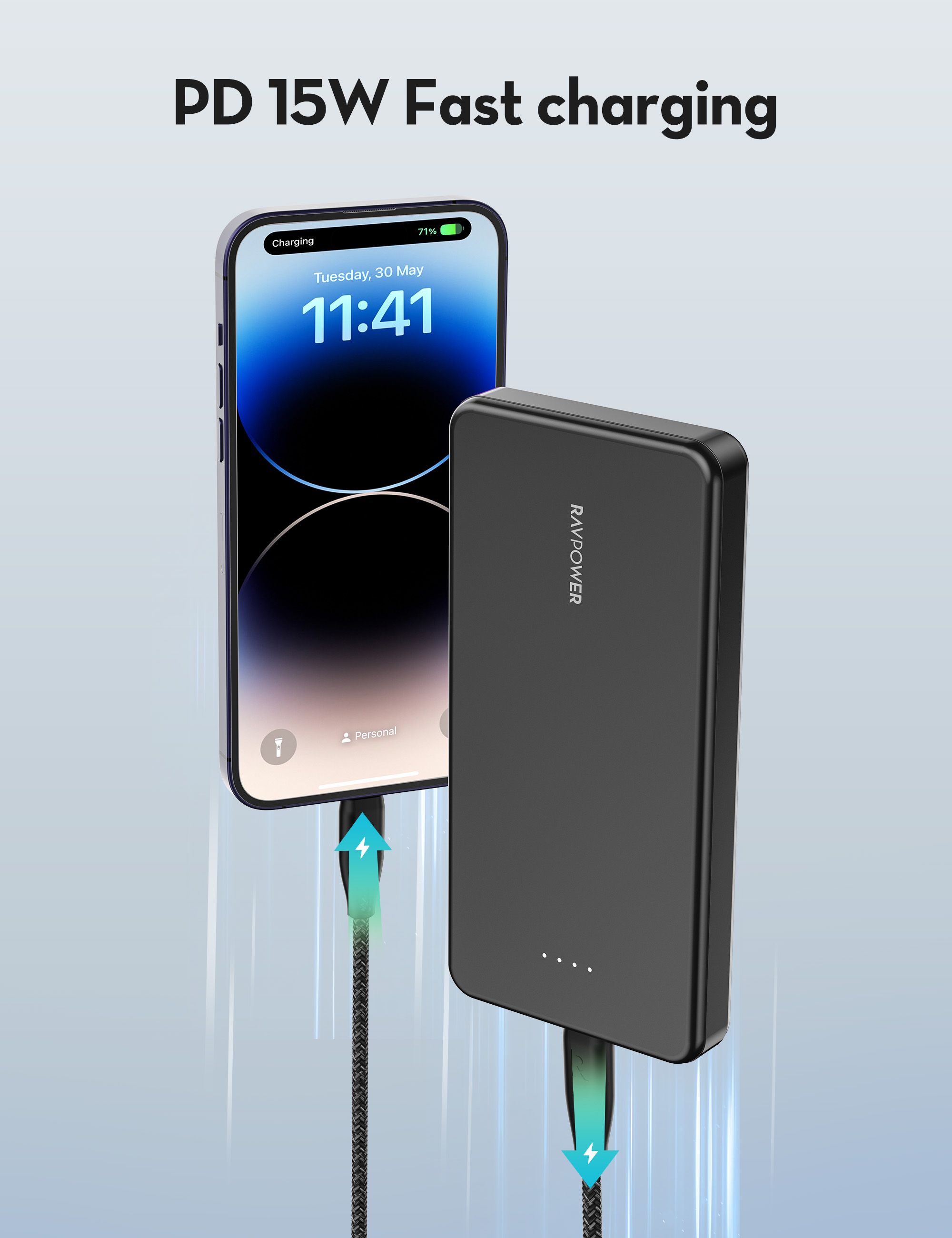 Ravpower Power Bank With Type-C Port, Micro Port And USB Port, 15W Power 10000 mAh Battery