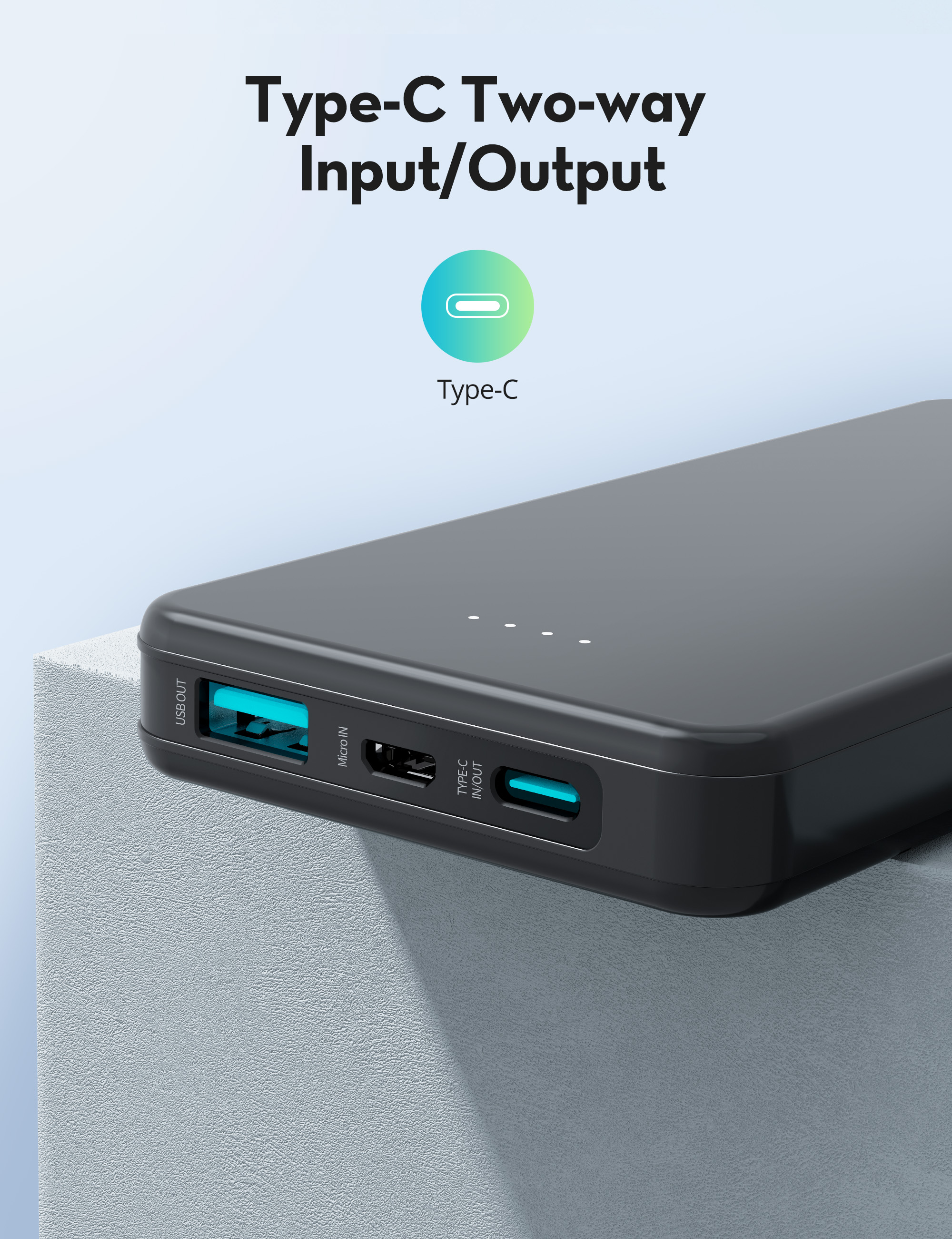 Ravpower Power Bank With Type-C Port, Micro Port And USB Port, 15W Power 10000 mAh Battery