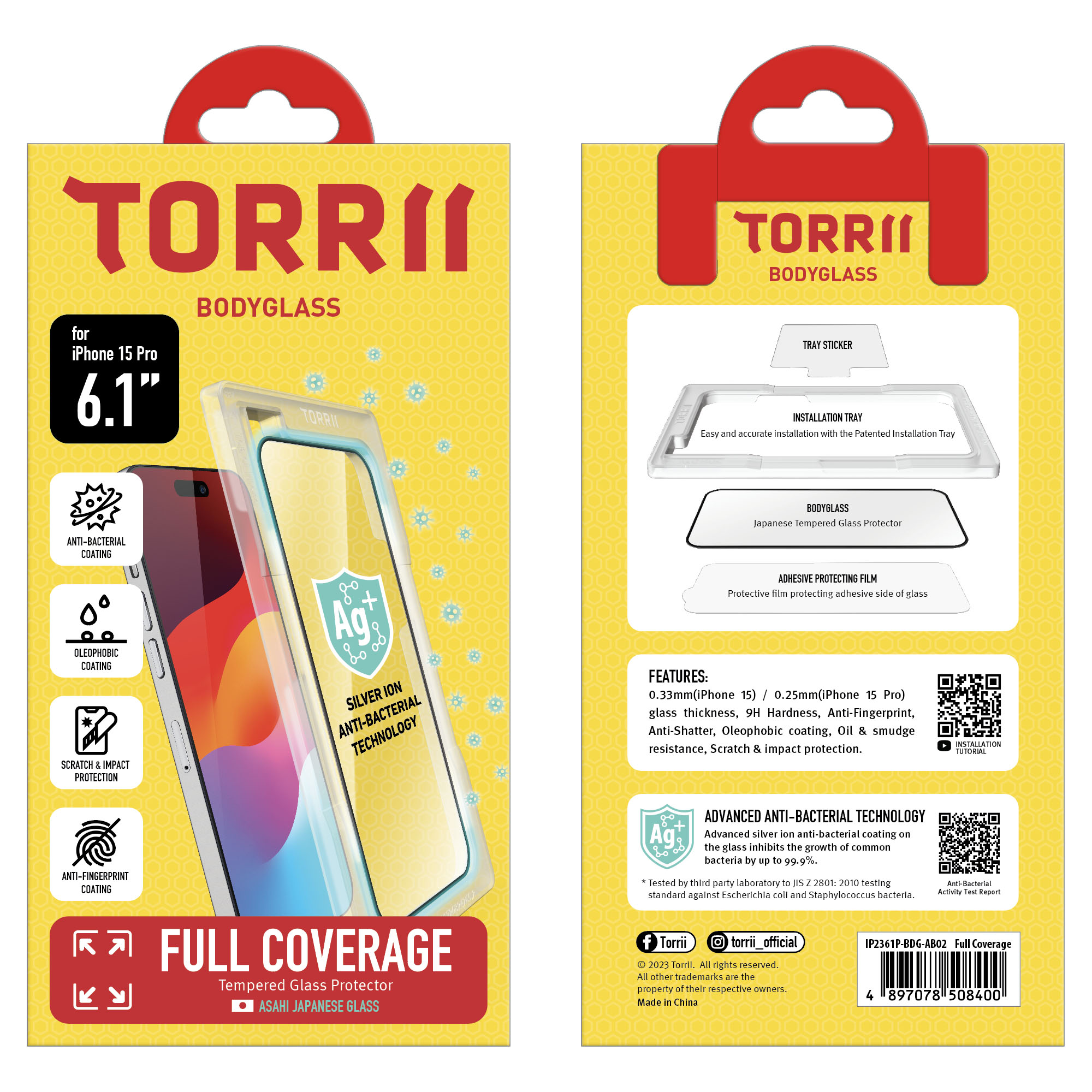 Torrii Bodyglass Screen Protector Anti-Bacterial Coating for iPhone 15 Pro (6.1”) – Full Coverage Black