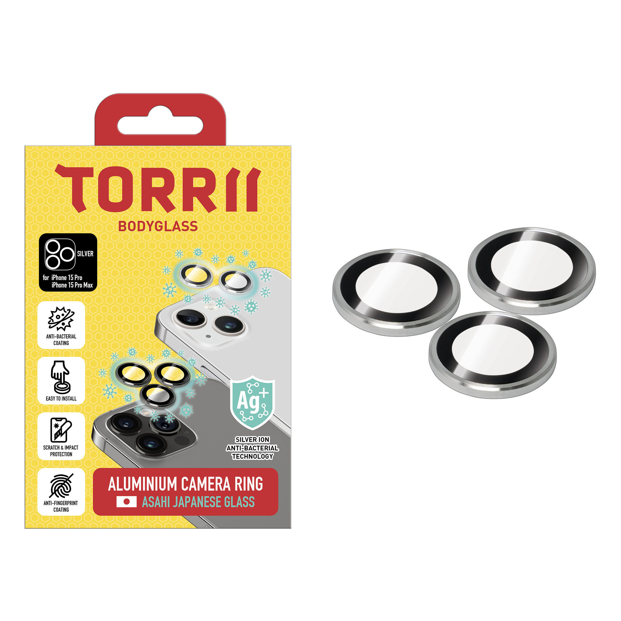 Torrii Bodyglass Camera Lens Protector (Individual Aluminium Ring) Anti-Bacterial Coating for iPhone 15 Pro / iPhone 15 Pro Max - Silver