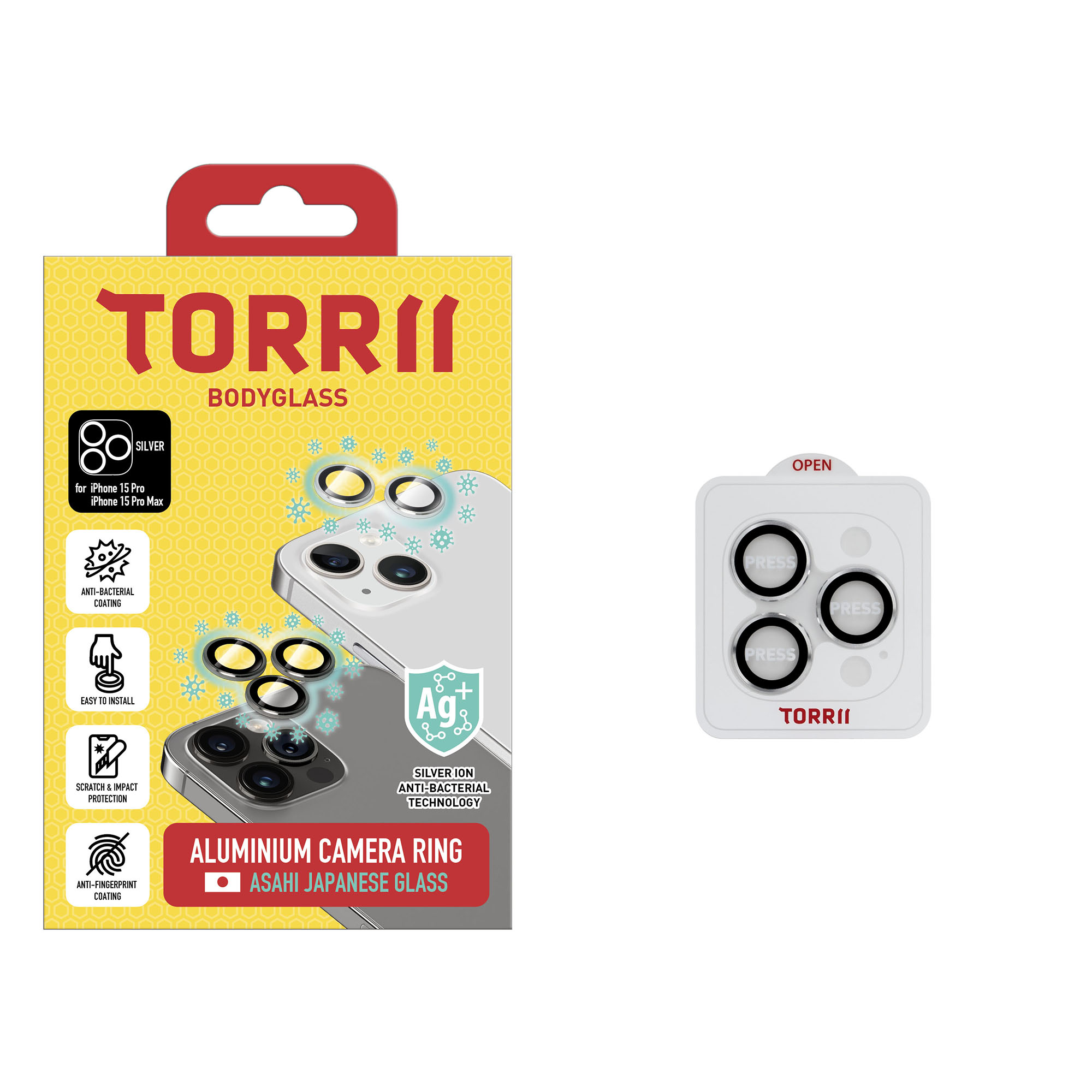 Torrii Bodyglass Camera Lens Protector (Individual Aluminium Ring) Anti-Bacterial Coating for iPhone 15 Pro / iPhone 15 Pro Max - Silver