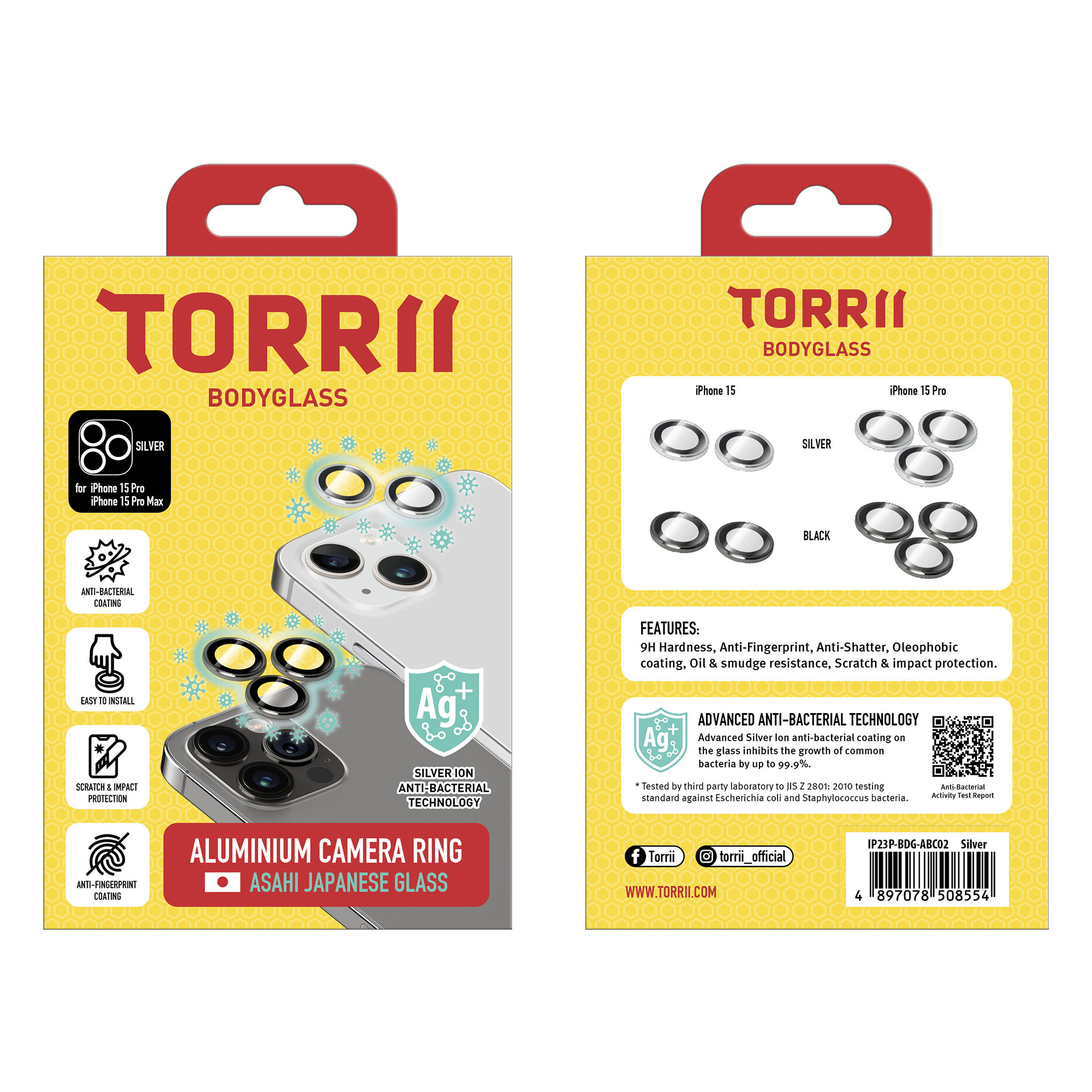 Torrii Bodyglass Camera Lens Protector (Individual Aluminium Ring) Anti-Bacterial Coating for iPhone 15 Pro / iPhone 15 Pro Max - Silver