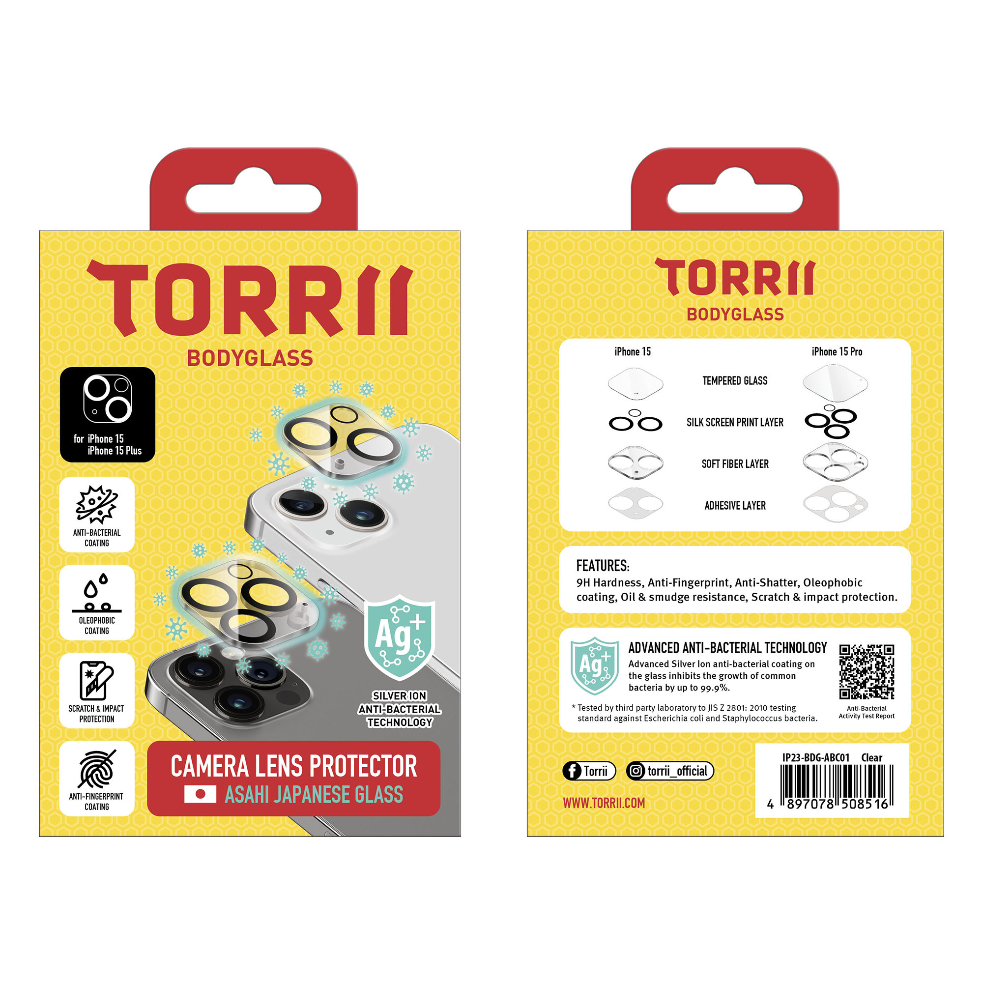 Torrii Bodyglass Camera Lens Protector Anti-Bacterial Coating For iPhone 15 / iPhone 15 Plus – Clear