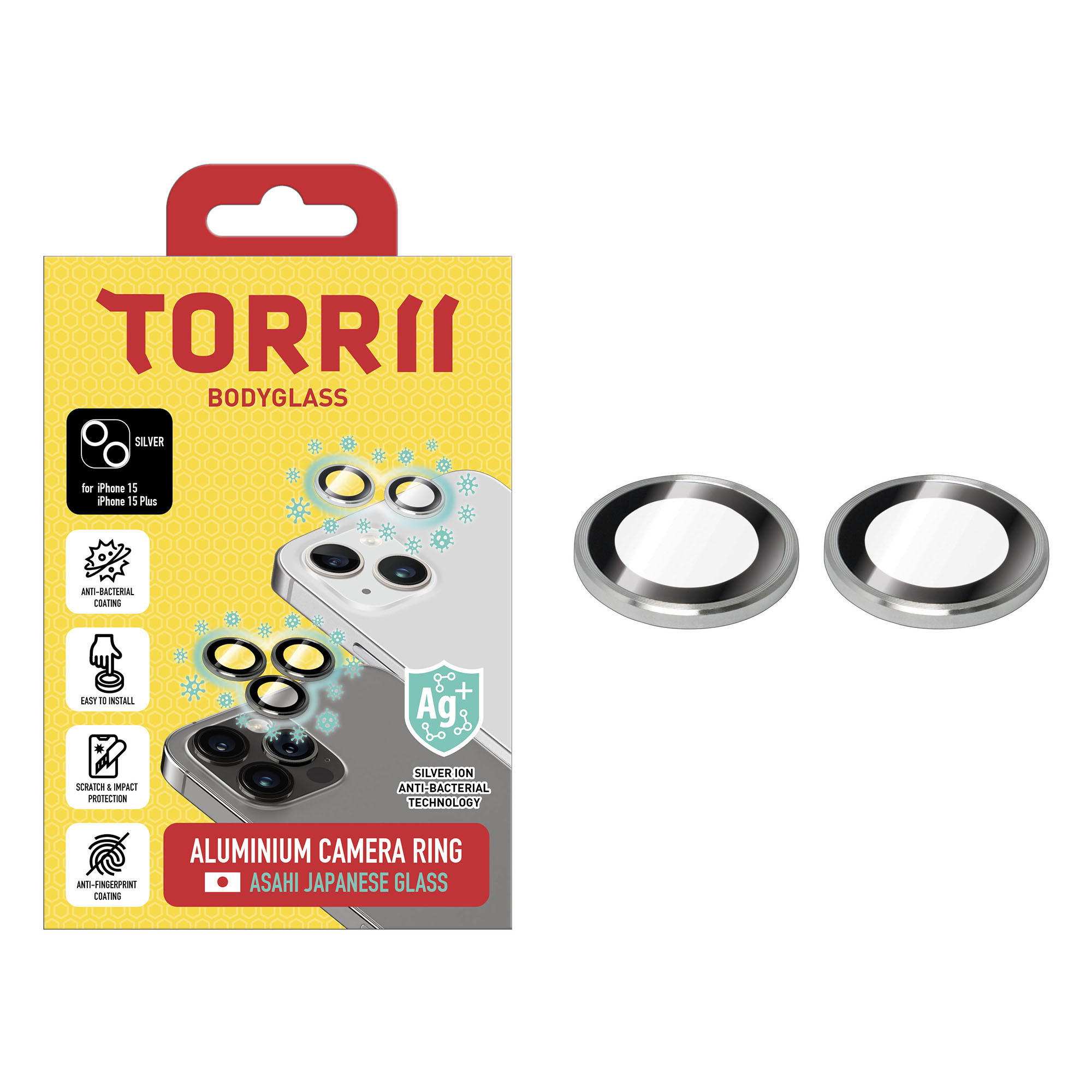 Torrii Bodyglass Camera Lens Protector (Individual Aluminium Ring) Anti-Bacterial Coating For iPhone 15 / iPhone 15 Plus - Silver