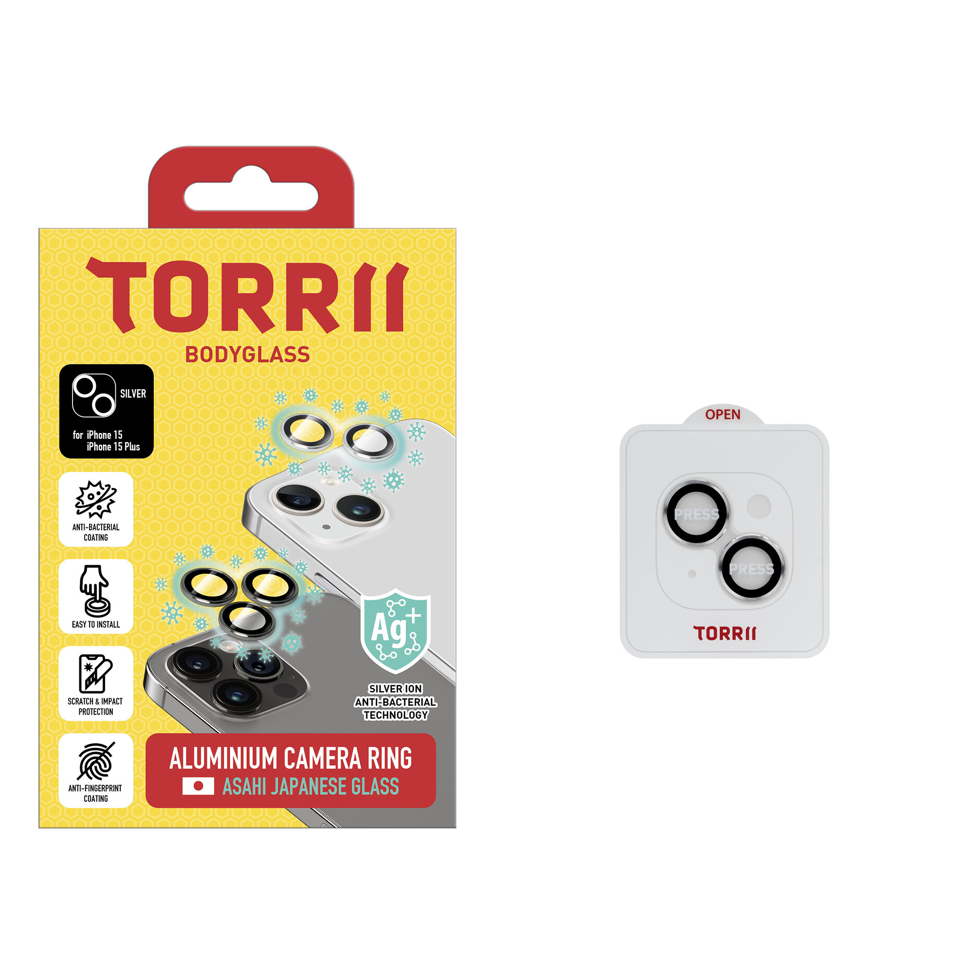 Torrii Bodyglass Camera Lens Protector (Individual Aluminium Ring) Anti-Bacterial Coating For iPhone 15 / iPhone 15 Plus - Silver