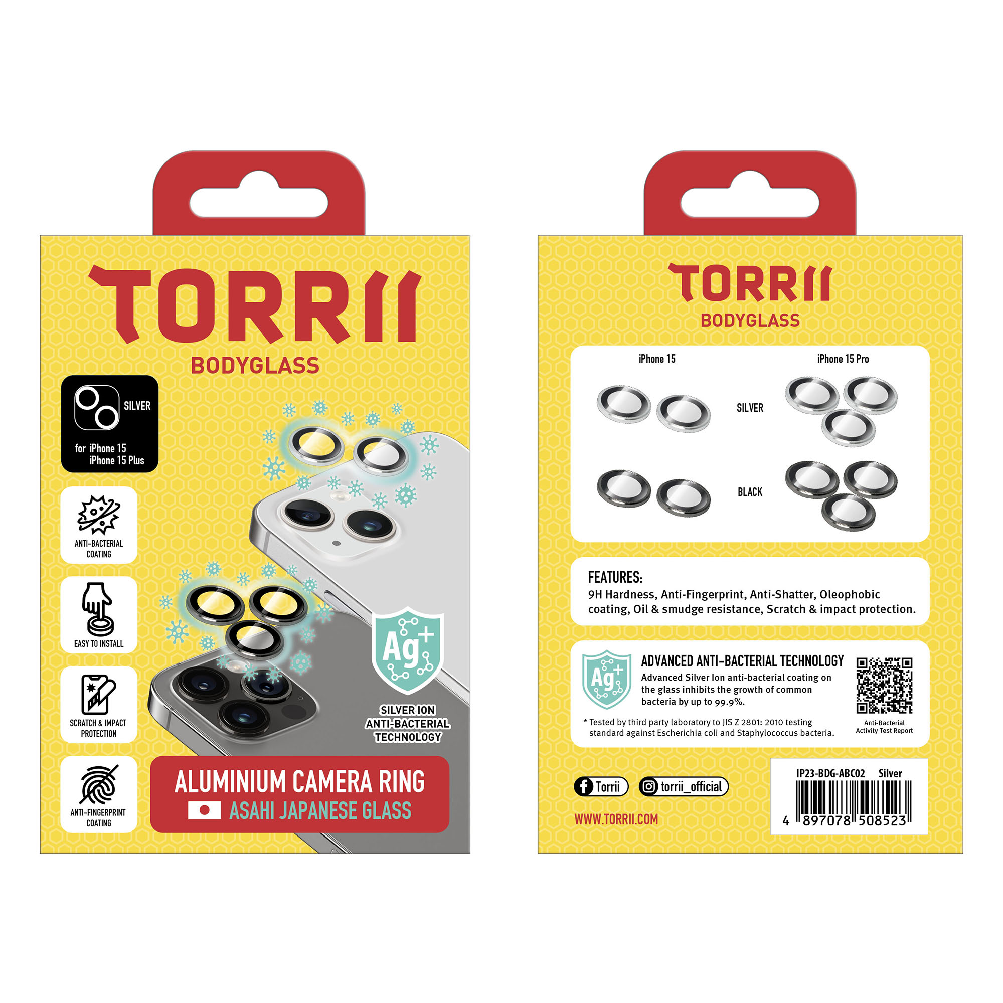 Torrii Bodyglass Camera Lens Protector (Individual Aluminium Ring) Anti-Bacterial Coating For iPhone 15 / iPhone 15 Plus - Silver