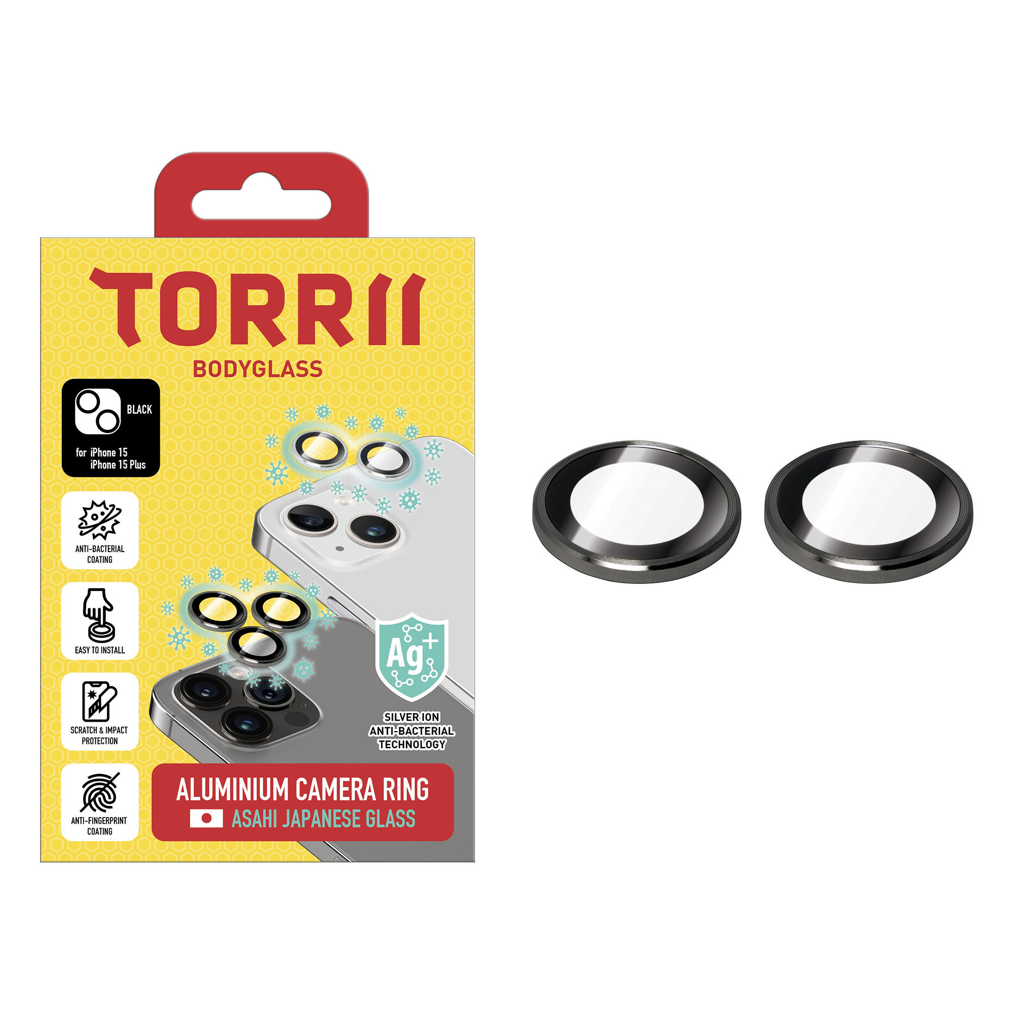 Torrii Bodyglass Camera Lens Protector (Individual Aluminium Ring) Anti-Bacterial Coating For iPhone 15 / iPhone 15 Plus - Black