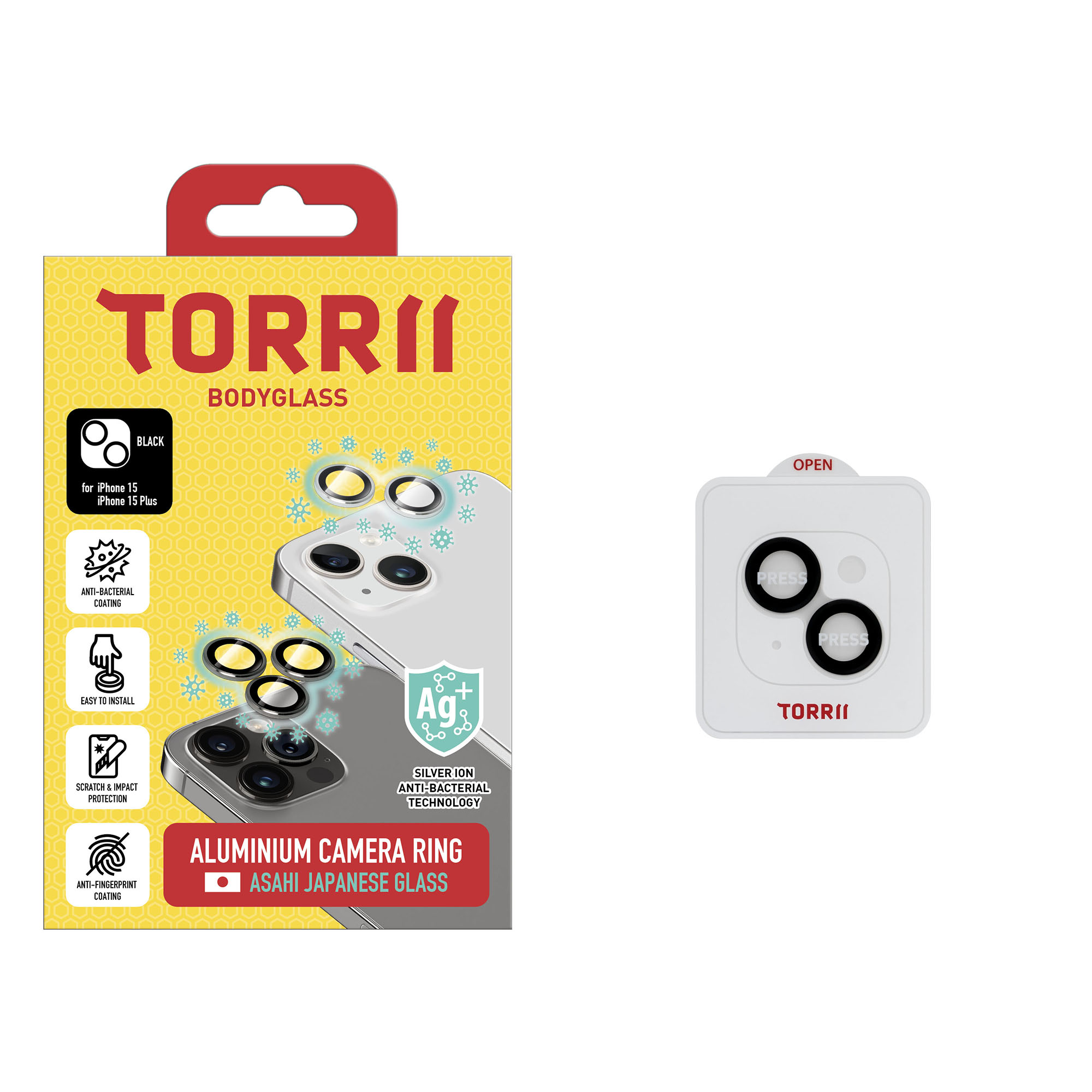 Torrii Bodyglass Camera Lens Protector (Individual Aluminium Ring) Anti-Bacterial Coating For iPhone 15 / iPhone 15 Plus - Black