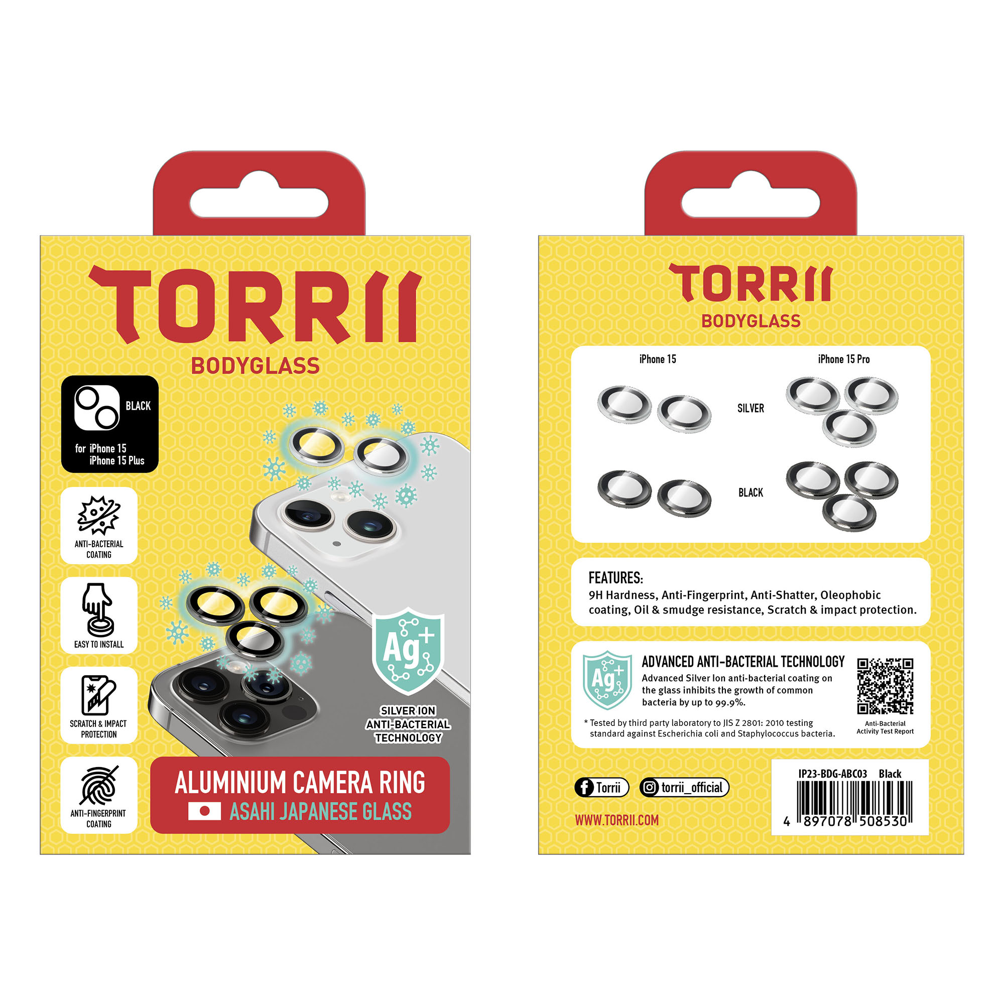 Torrii Bodyglass Camera Lens Protector (Individual Aluminium Ring) Anti-Bacterial Coating For iPhone 15 / iPhone 15 Plus - Black