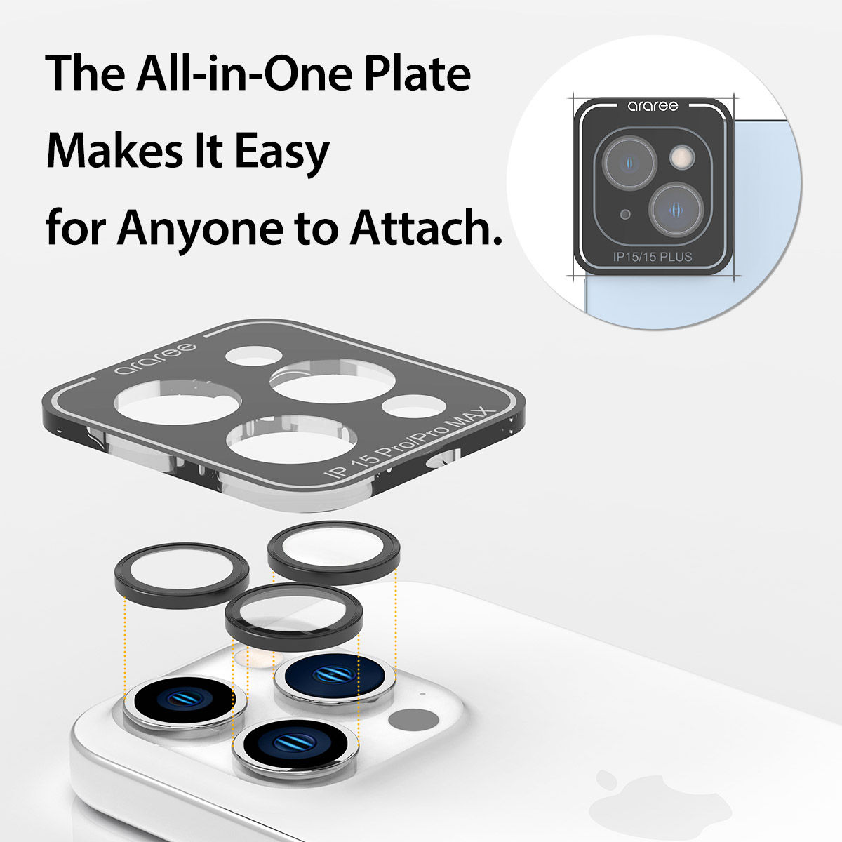 Araree C-Sub Core MR Individual Metal Ring Camera Lens Protector Glass For IPhone 15 Pro/15 Pro Max (3 Camera Ring) - Clear