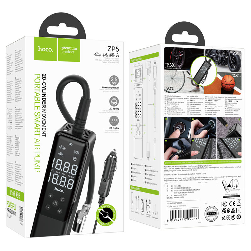 Hoco ZP5 Portable Motorcycle Bicycle Car Tire Air Inflatable Pump - Black