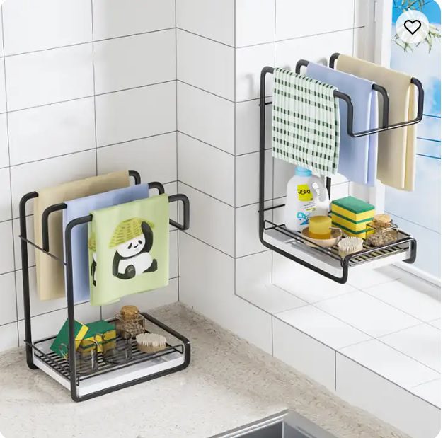 Kitchen Sink Storage Rack Countertop Wall Mounted Metal Dish Sponge Holder Towel Stand
