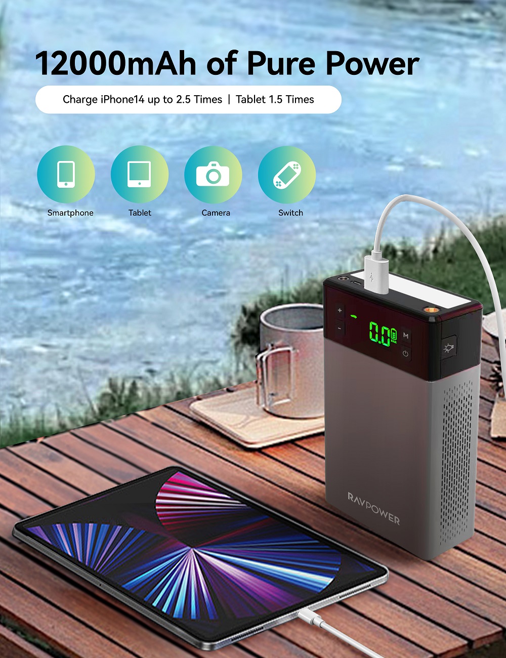 Ravpower 2-in-1 Device With 12000mAh (44.4wh) Air Compressor