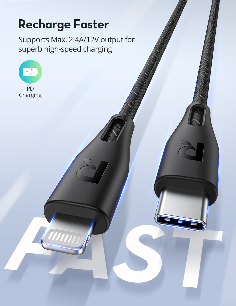 RAVPower Fabric Cable, Type-C to Lightning, 1.2 Meters Long - Black