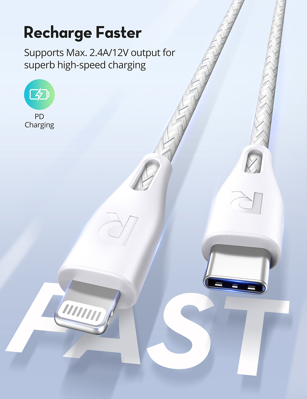 Ravpower Nylon Cable From Type C to Lightning, 1.2 Meters - White