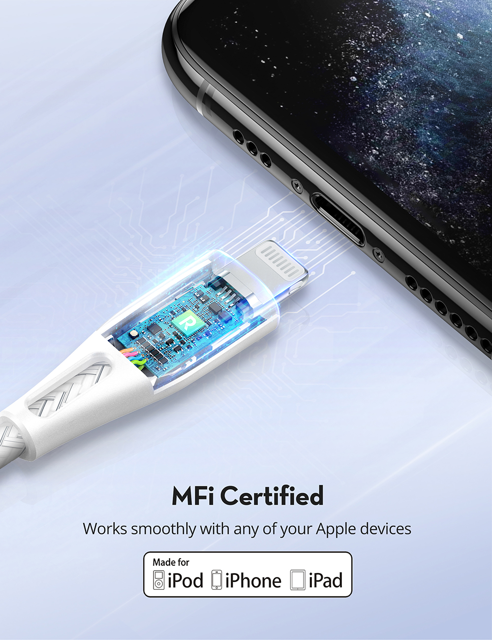 Ravpower Nylon Cable From Type C to Lightning, 1.2 Meters - White